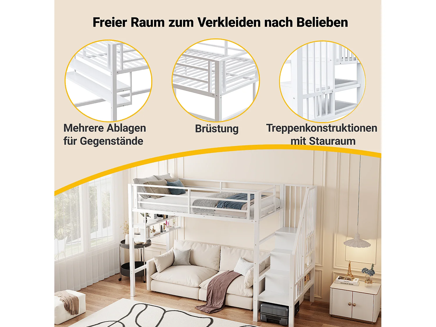 Letto a soppalco 90 x 200 cm, con ripiani, scaletta portaoggetti, spazio libero sotto il letto per giocare, ringhiera, senza materasso (255 x 95 x 160 cm)