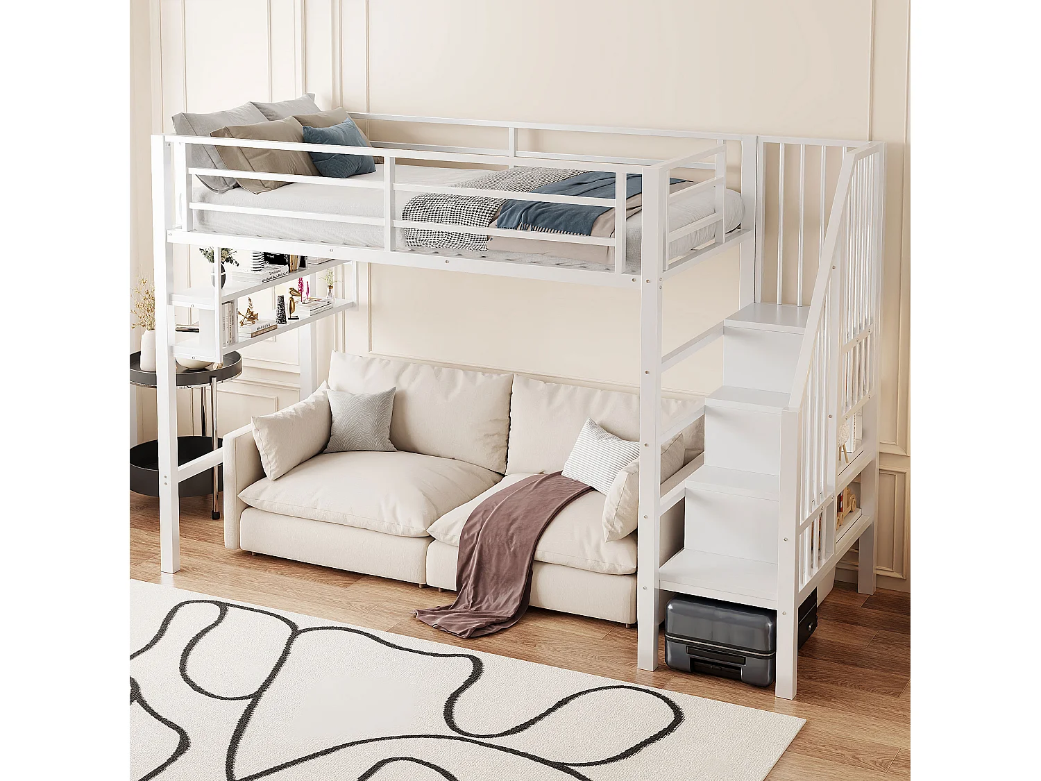 Letto a soppalco 90 x 200 cm, con ripiani, scaletta portaoggetti, spazio libero sotto il letto per giocare, ringhiera, senza materasso (255 x 95 x 160 cm)