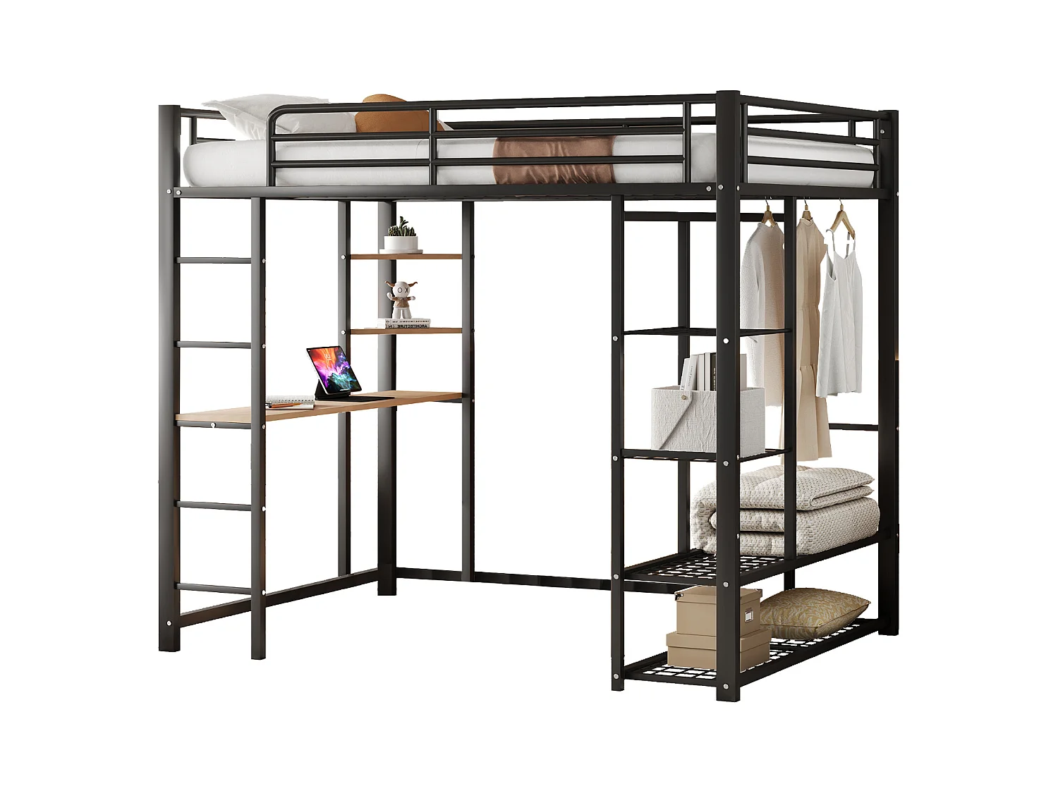 Cama alta multifuncional de metal con escritorio y armario individual, color negro (204x145x180 cm)