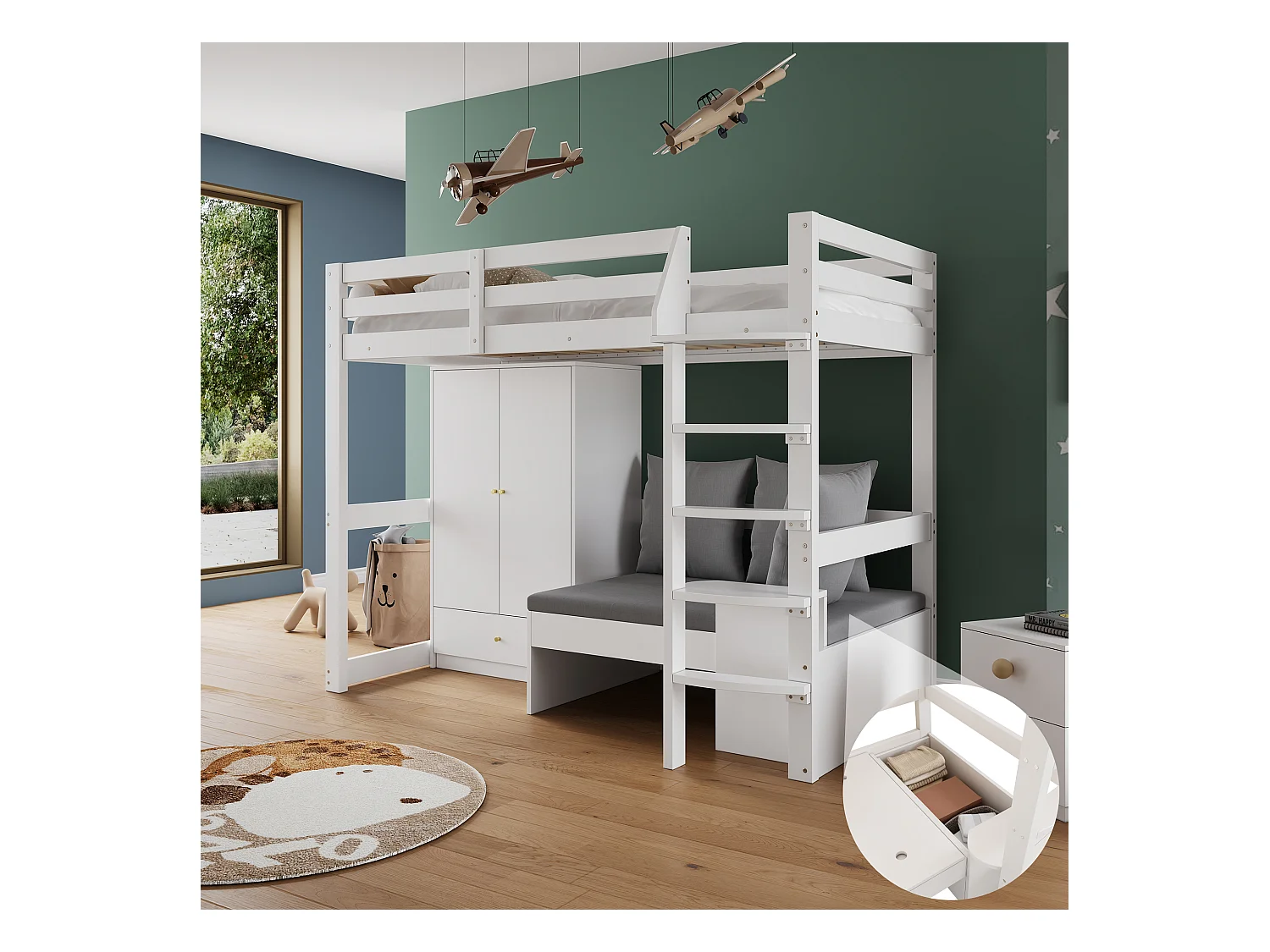 Lit mezzanine pour enfant 90x200 cm, avec Échelle, Armoire, Canapé avec rangement, MDF, Blanc (90x200x181 cm)
