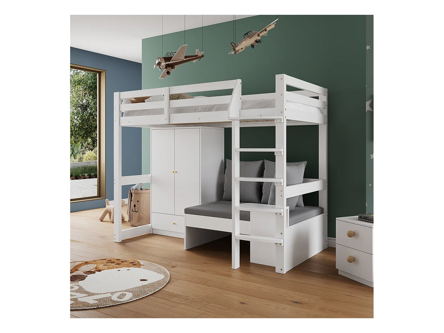 Lit mezzanine pour enfant 90x200 cm, avec Échelle, Armoire, Canapé avec rangement, MDF, Blanc (90x200x181 cm)