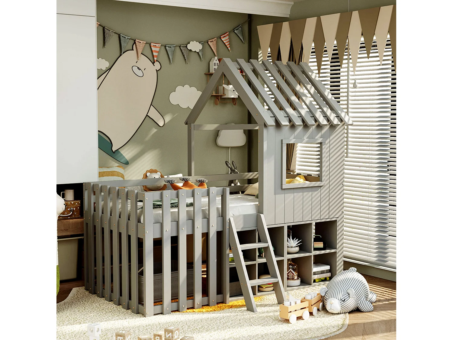 Lit mezzanine pour enfant 90x200, avec toit, fenêtres, espace de rangement et échelle, bois massif, gris (204.5x95x201 cm)