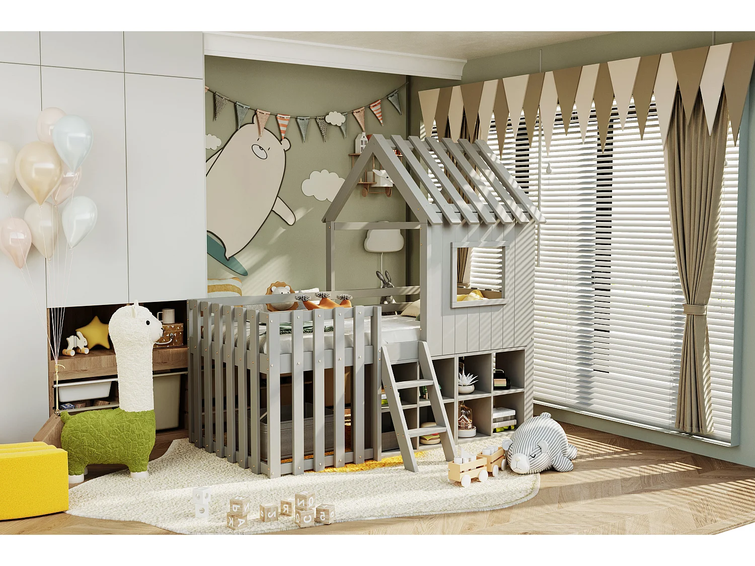 Lit mezzanine pour enfant 90x200, avec toit, fenêtres, espace de rangement et échelle, bois massif, gris (204.5x95x201 cm)