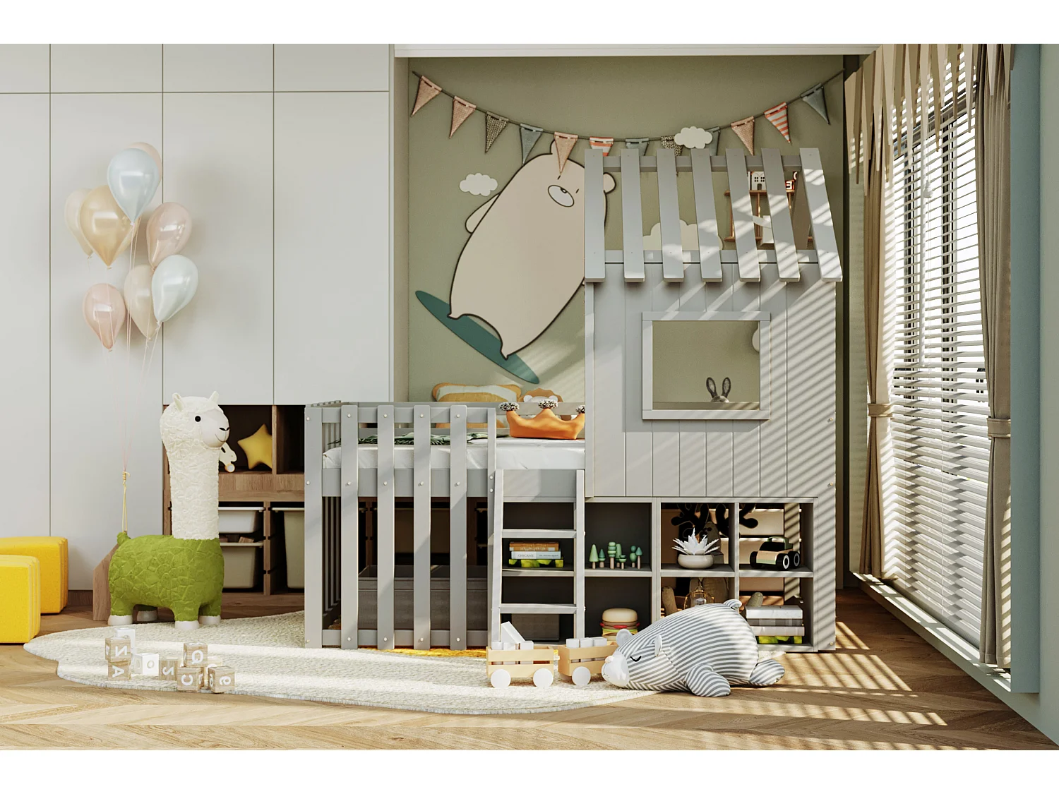 Lit mezzanine pour enfant 90x200, avec toit, fenêtres, espace de rangement et échelle, bois massif, gris (204.5x95x201 cm)