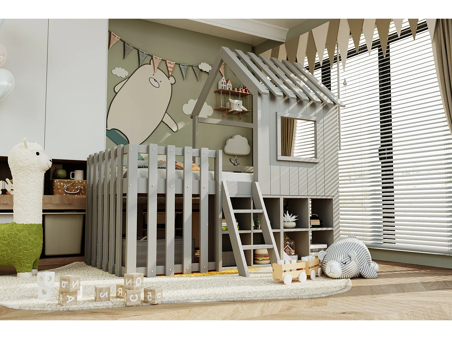 Lit mezzanine pour enfant 90x200, avec toit, fenêtres, espace de rangement et échelle, bois massif, gris (204.5x95x201 cm)