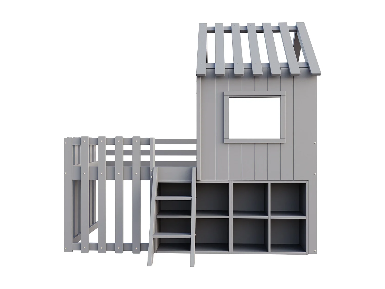 Lit mezzanine pour enfant 90x200, avec toit, fenêtres, espace de rangement et échelle, bois massif, gris (204.5x95x201 cm)