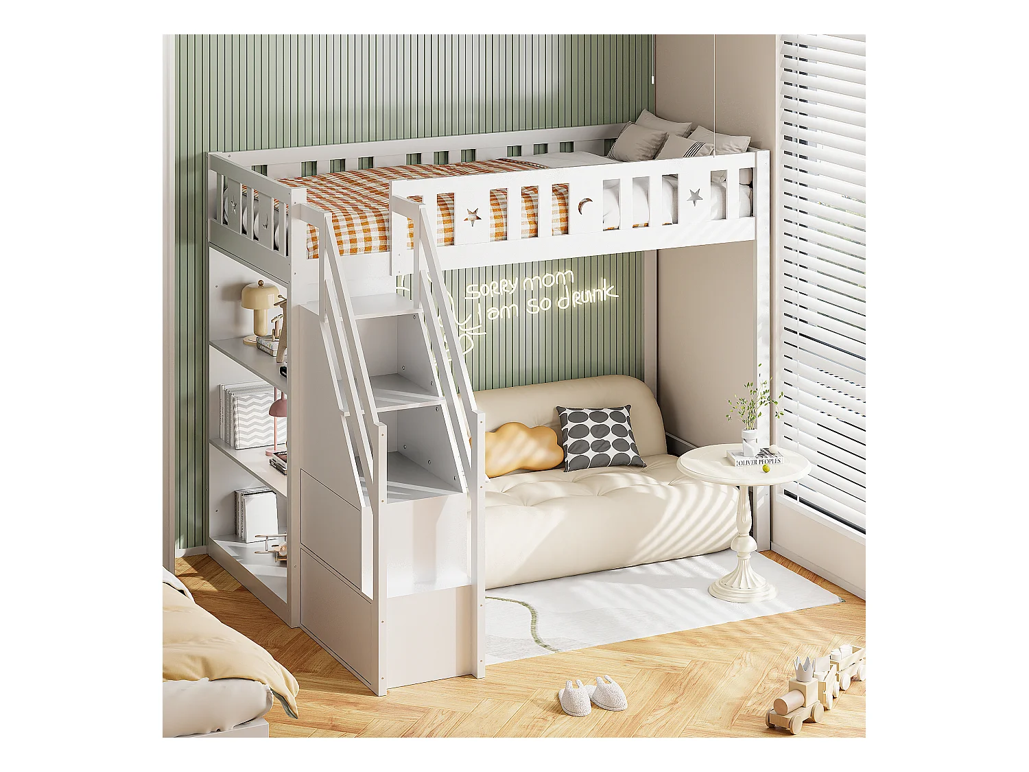 Lit mezzanine 90x200 cm avec échelle de rangement et étagères, lit en bois massif, blanc (205x171x160.5 cm)