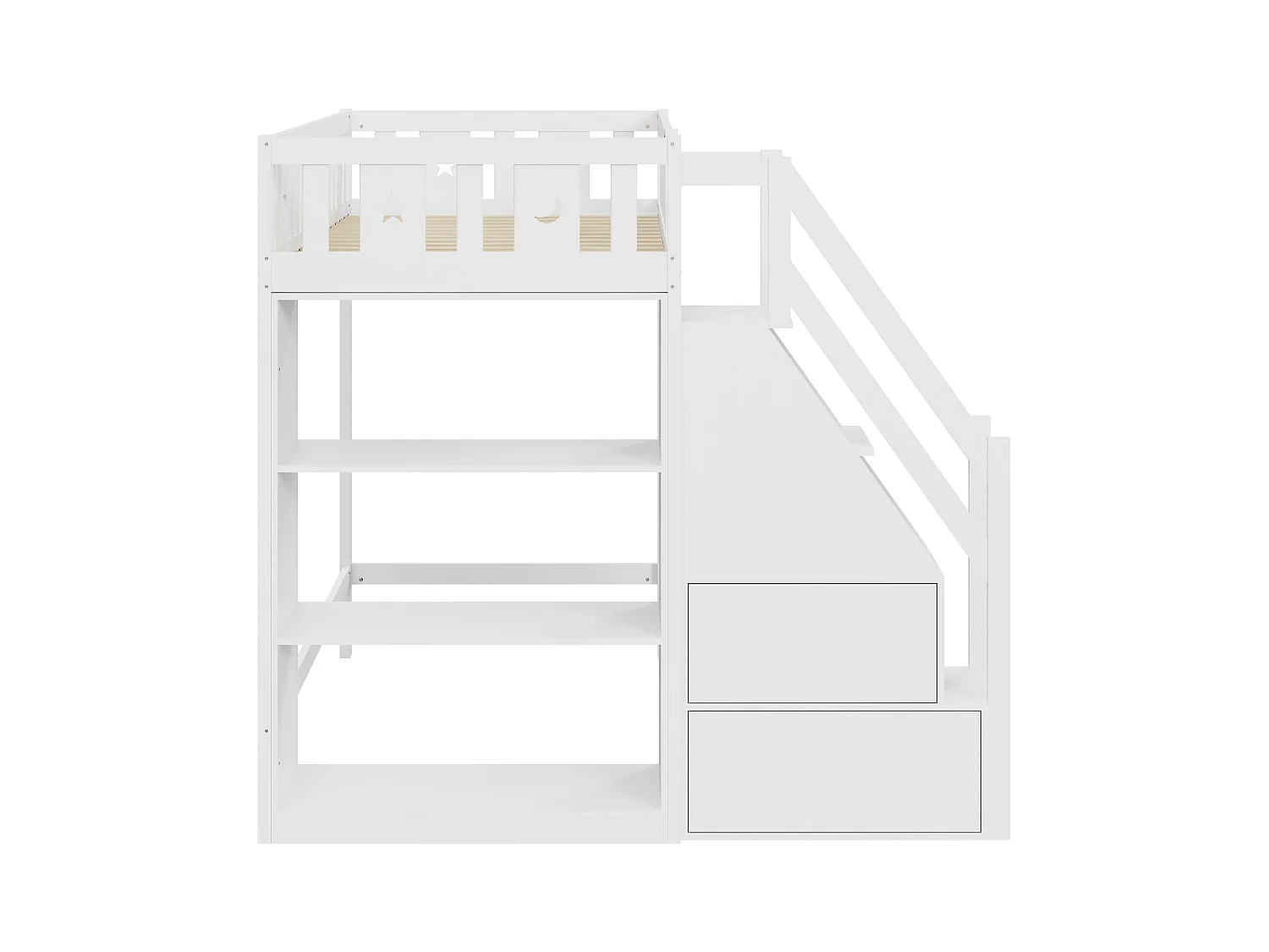 Lit mezzanine 90x200 cm avec échelle de rangement et étagères, lit en bois massif, blanc (205x171x160.5 cm)