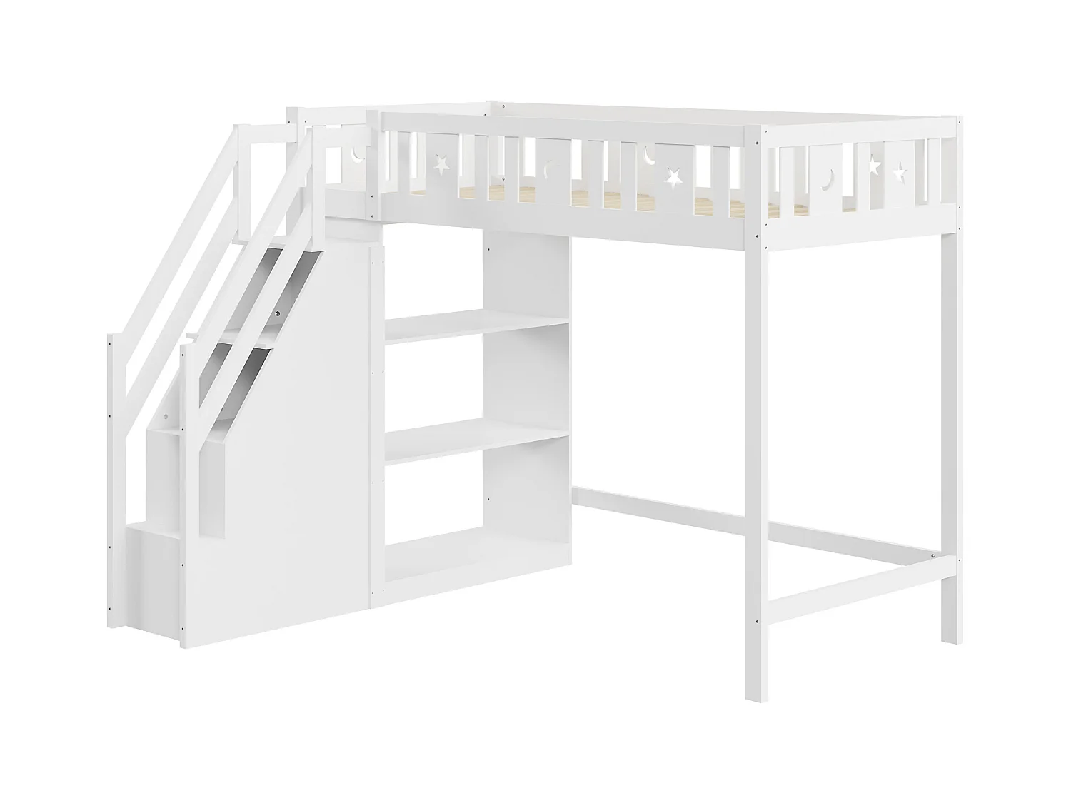 Lit mezzanine 90x200 cm avec échelle de rangement et étagères, lit en bois massif, blanc (205x171x160.5 cm)