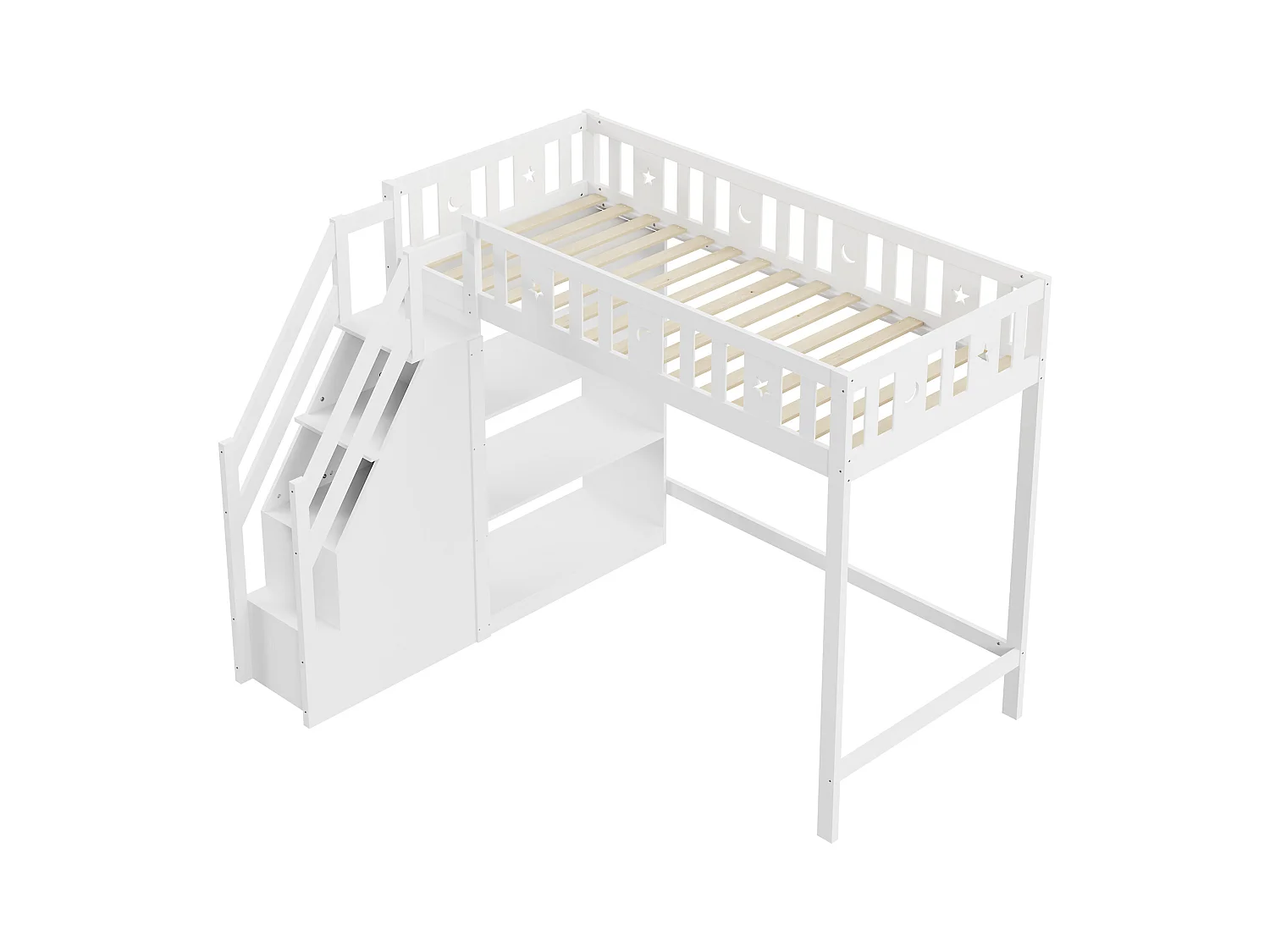 Lit mezzanine 90x200 cm avec échelle de rangement et étagères, lit en bois massif, blanc (205x171x160.5 cm)