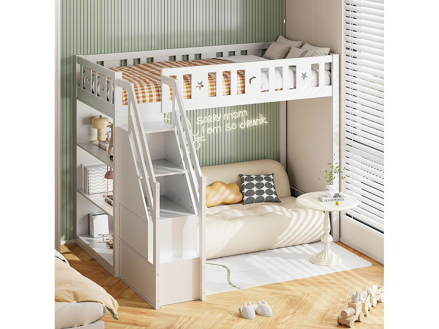 Hoogslaper 90x200 cm met opbergladder en planken, massief houten bed, wit (205x171x160,5 cm)