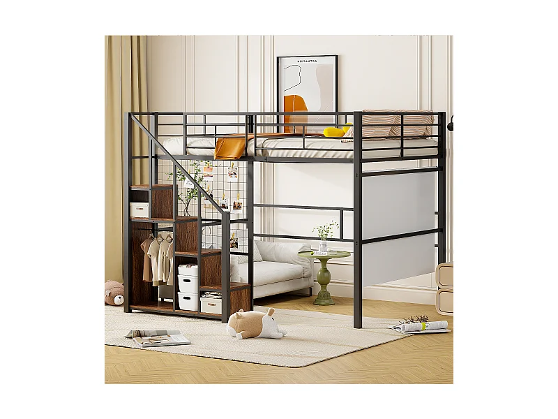 Hoogslaper 140x200 cm met veilige ladder en opbergruimte, metalen frame, kinder- en tienerbed, zwart (210x188x170 cm)