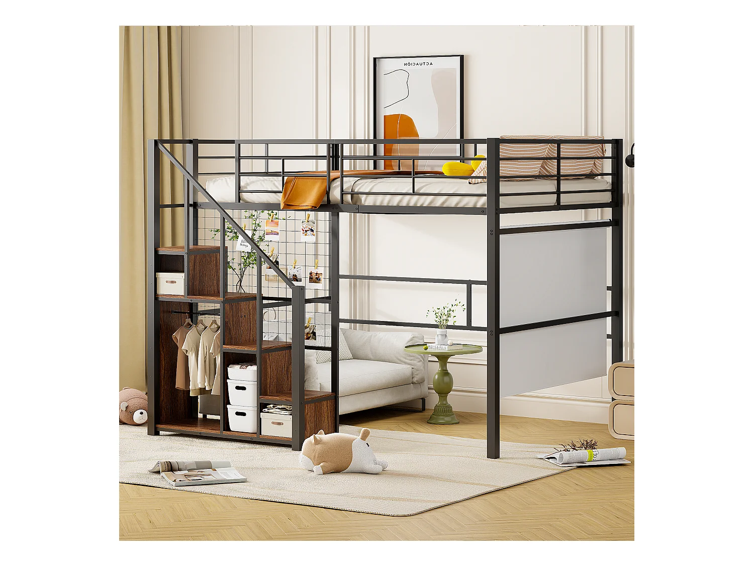 Letto a soppalco 140x200 cm con scaletta di sicurezza e contenitore, struttura in metallo, letto per bambini e ragazzi, nero (210x188x170 cm)