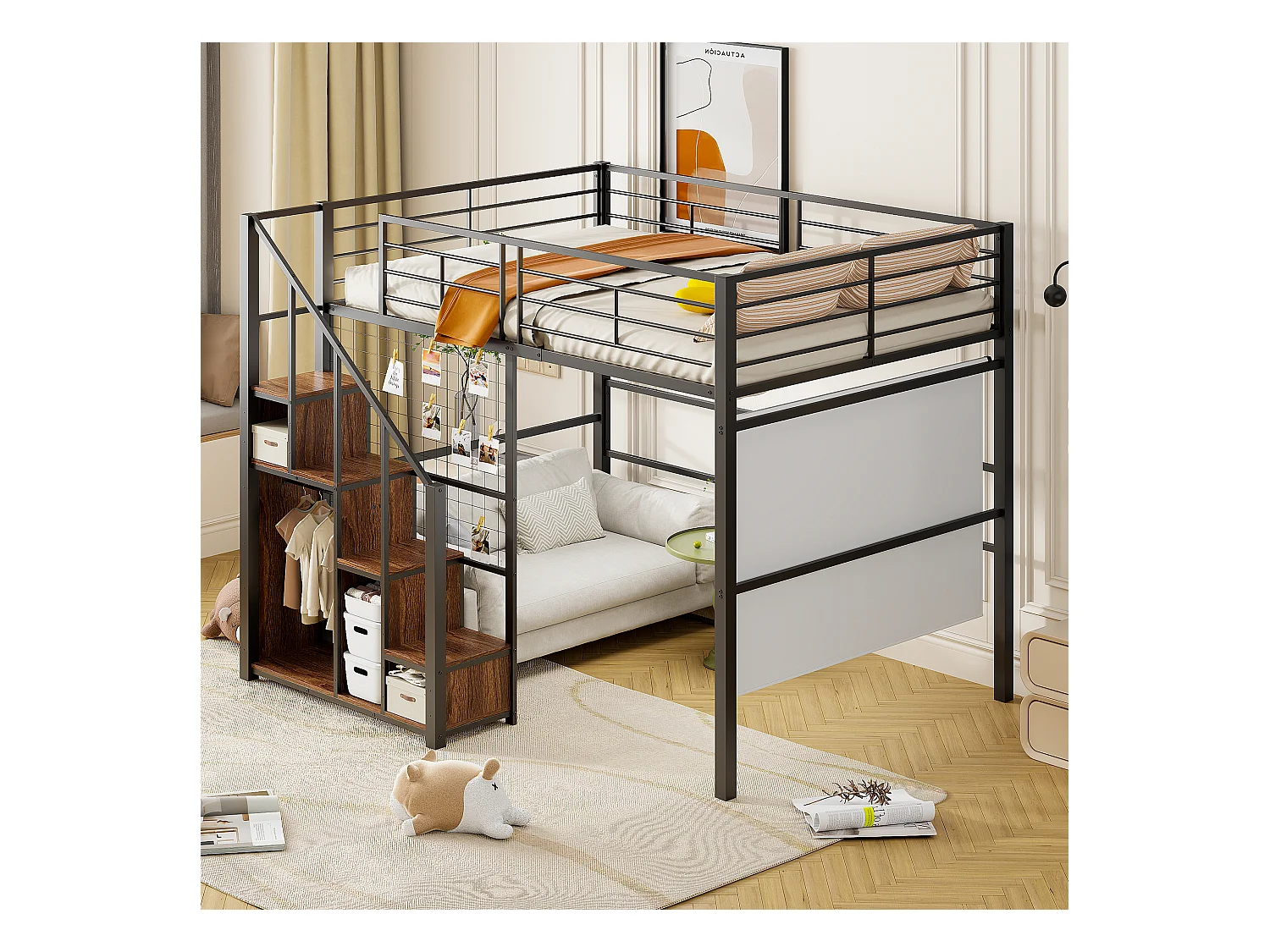 Letto a soppalco 140x200 cm con scaletta di sicurezza e contenitore, struttura in metallo, letto per bambini e ragazzi, nero (210x188x170 cm)