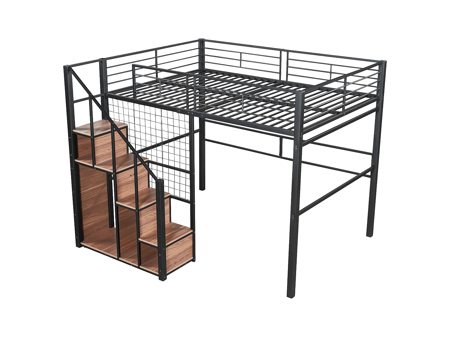 Letto a soppalco 140x200 cm con scaletta di sicurezza e contenitore, struttura in metallo, letto per bambini e ragazzi, nero (210x188x170 cm)