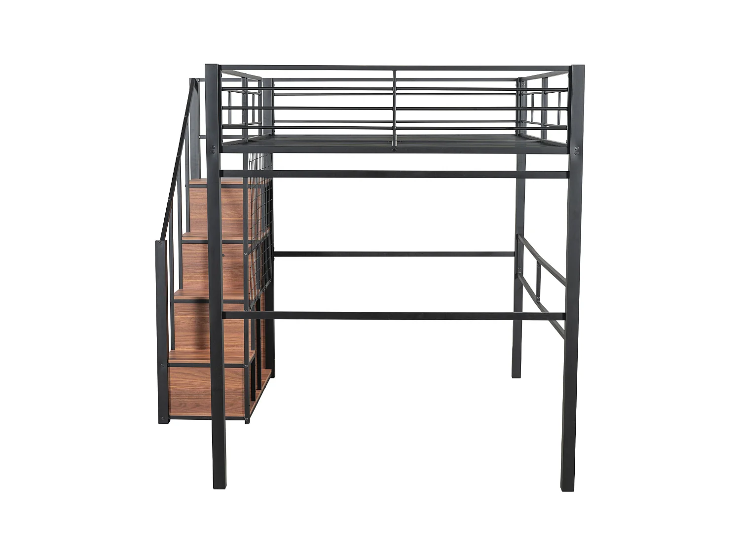 Letto a soppalco 140x200 cm con scaletta di sicurezza e contenitore, struttura in metallo, letto per bambini e ragazzi, nero (210x188x170 cm)