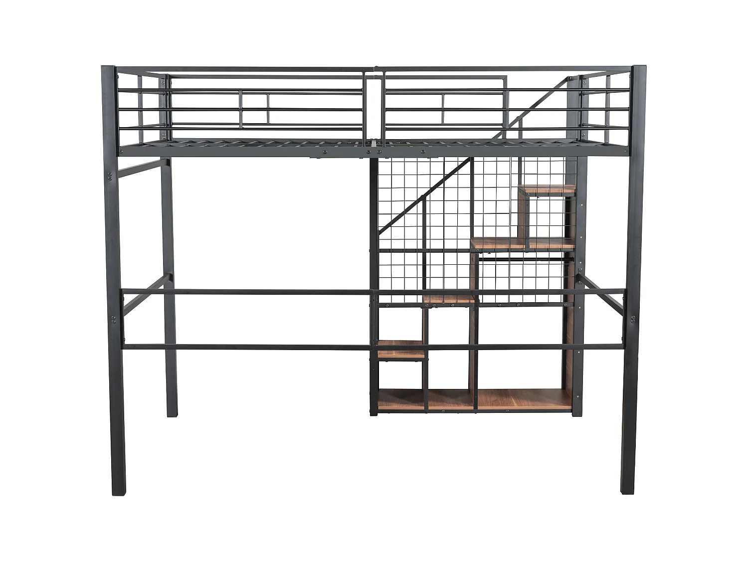 Letto a soppalco 140x200 cm con scaletta di sicurezza e contenitore, struttura in metallo, letto per bambini e ragazzi, nero (210x188x170 cm)