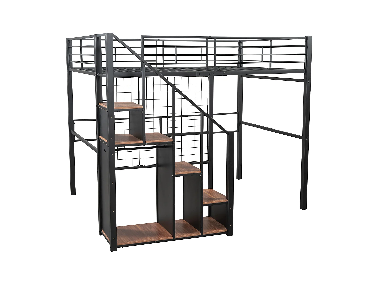 Letto a soppalco 140x200 cm con scaletta di sicurezza e contenitore, struttura in metallo, letto per bambini e ragazzi, nero (210x188x170 cm)