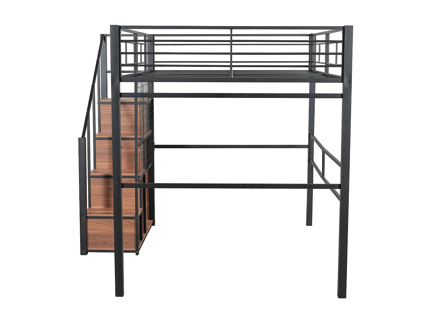 Lit mezzanine 140x200 cm avec échelle sécurisée et rangements, cadre métallique, lit enfant et adolescent, noir (210x188x170 cm)