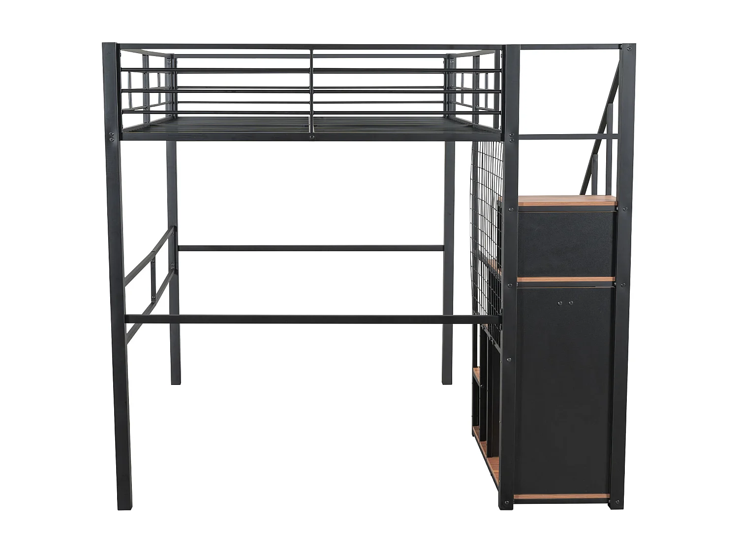 Lit mezzanine 140x200 cm avec échelle sécurisée et rangements, cadre métallique, lit enfant et adolescent, noir (210x188x170 cm)