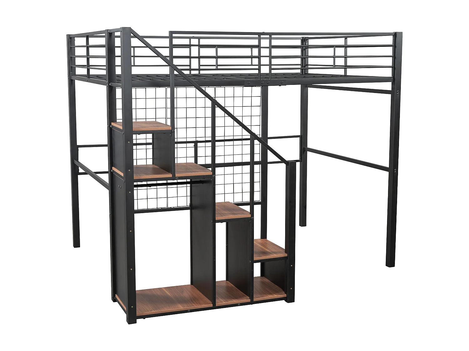 Lit mezzanine 140x200 cm avec échelle sécurisée et rangements, cadre métallique, lit enfant et adolescent, noir (210x188x170 cm)