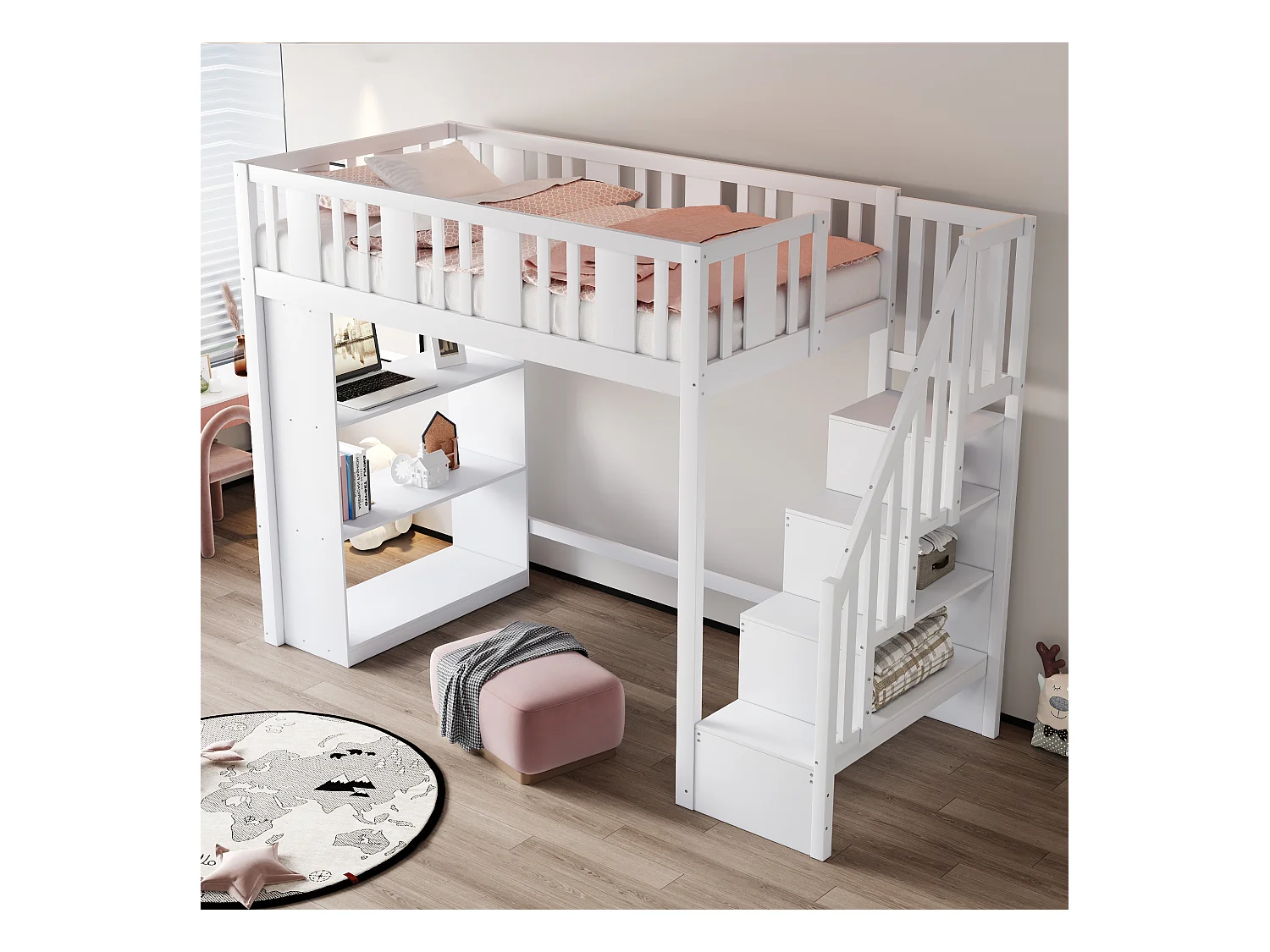 Lit mezzanine 90x200 cm avec échelle de rangement et grands compartiments de stockage, cadre en bois massif, blanc (253x95x160.2 cm)