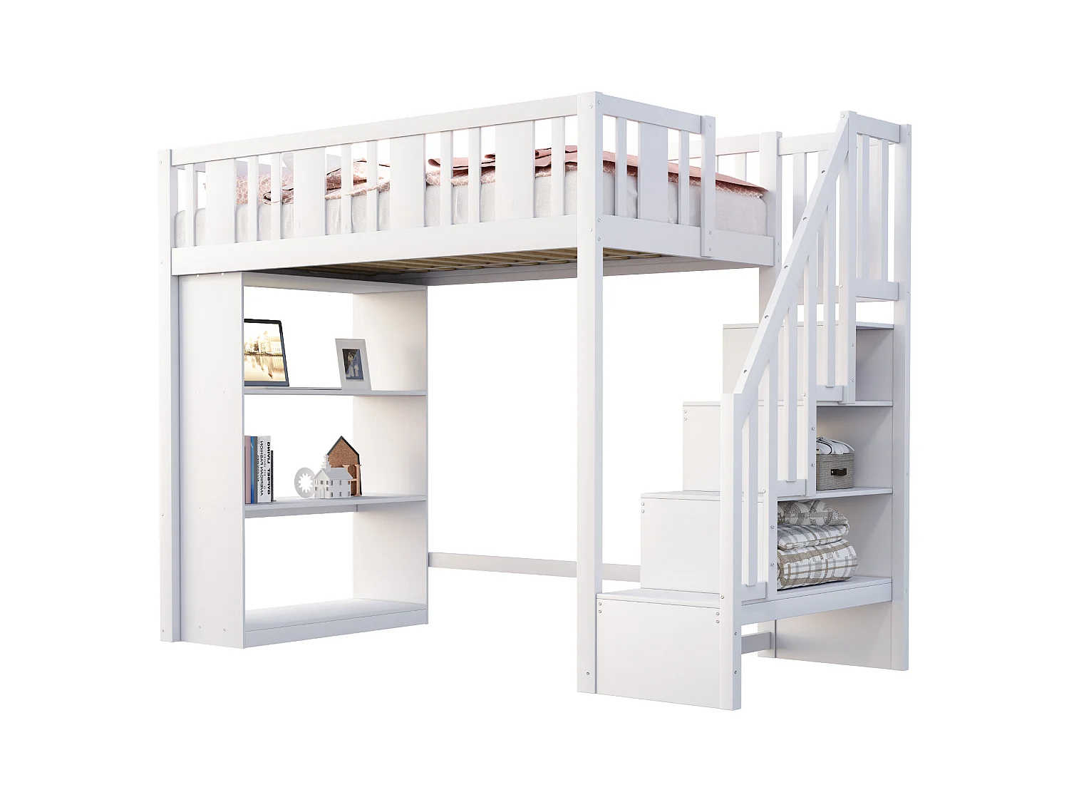 Lit mezzanine 90x200 cm avec échelle de rangement et grands compartiments de stockage, cadre en bois massif, blanc (253x95x160.2 cm)