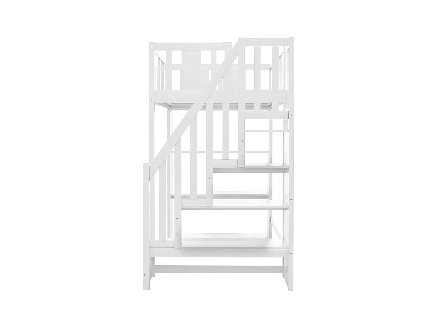 Lit mezzanine 90x200 cm avec échelle de rangement et grands compartiments de stockage, cadre en bois massif, blanc (253x95x160.2 cm)