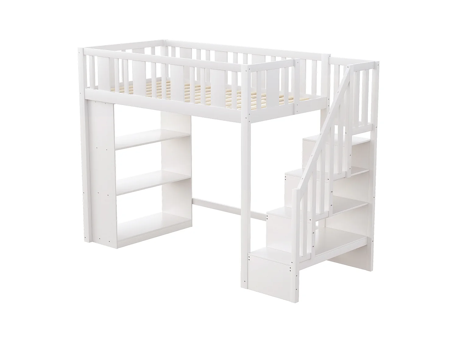 Lit mezzanine 90x200 cm avec échelle de rangement et grands compartiments de stockage, cadre en bois massif, blanc (253x95x160.2 cm)