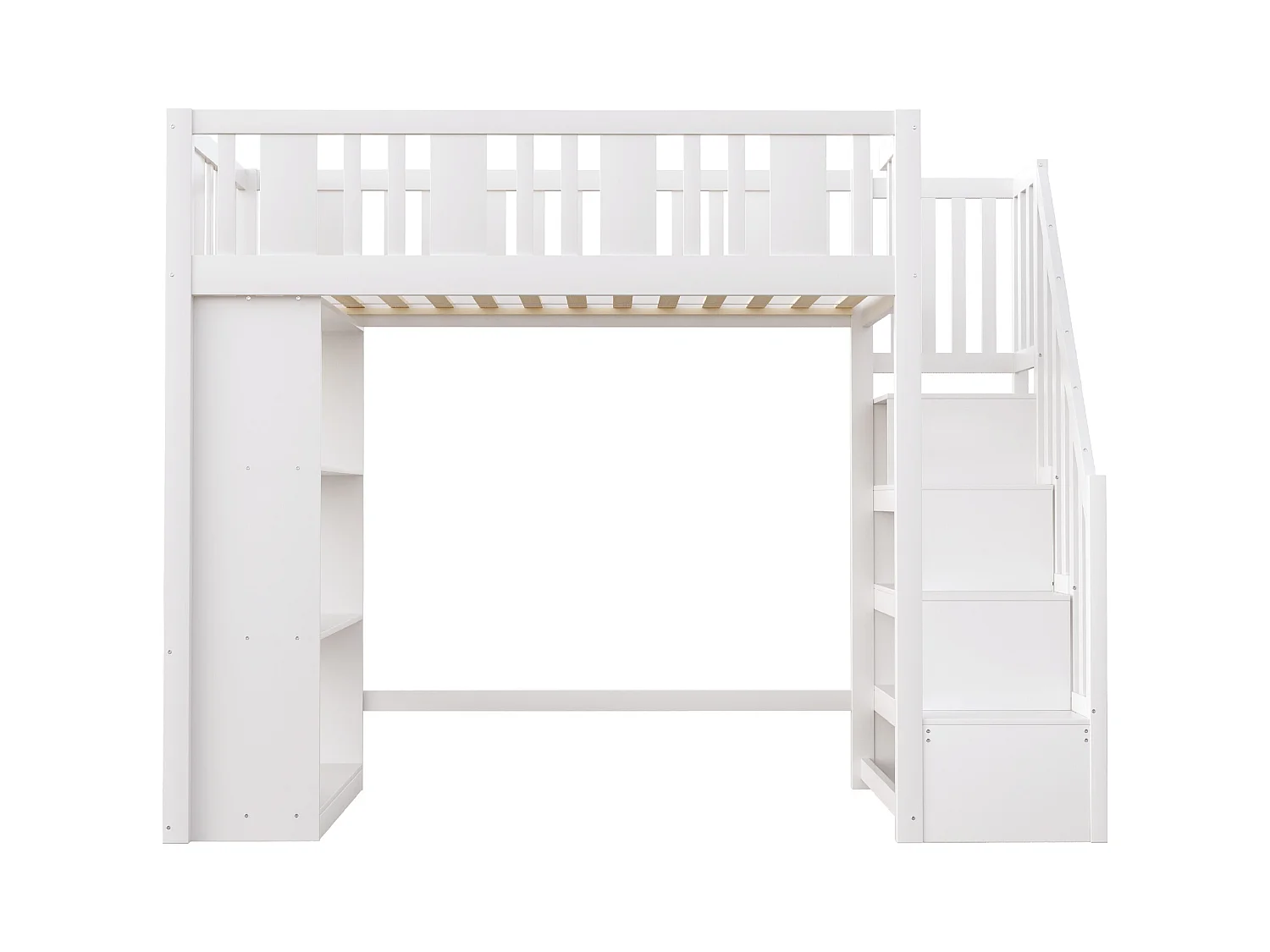 Lit mezzanine 90x200 cm avec échelle de rangement et grands compartiments de stockage, cadre en bois massif, blanc (253x95x160.2 cm)