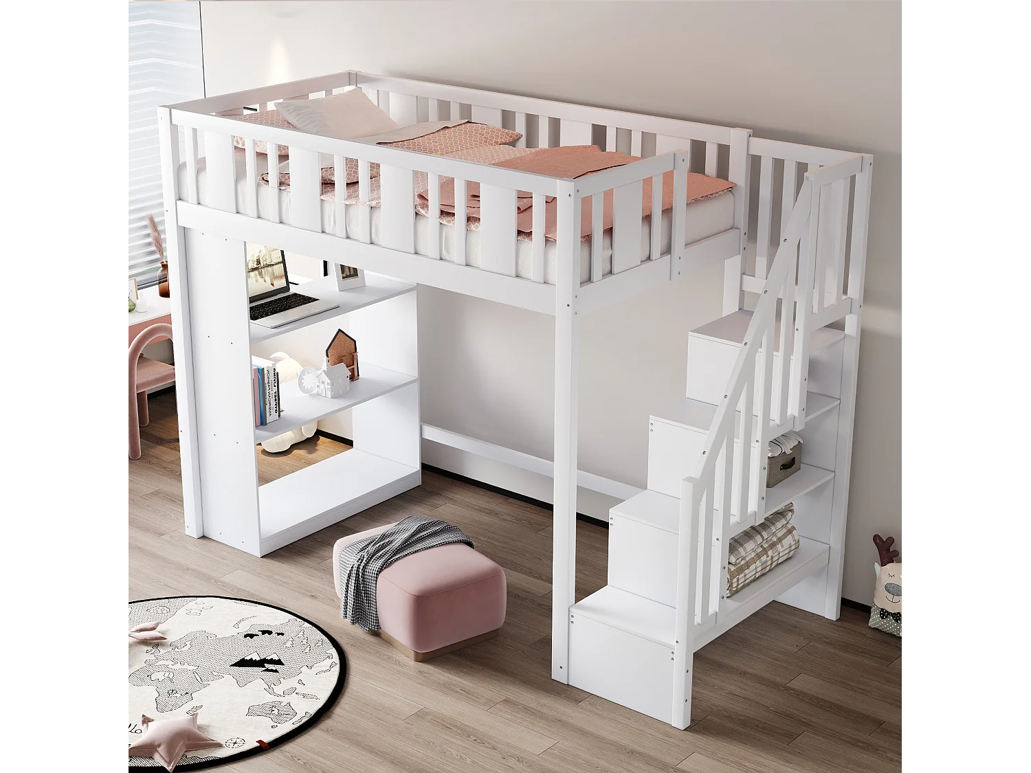 Letto a soppalco 90x200 cm con scala contenitore e ampi vani portaoggetti, struttura in legno massello, bianco (253x95x160,2 cm)