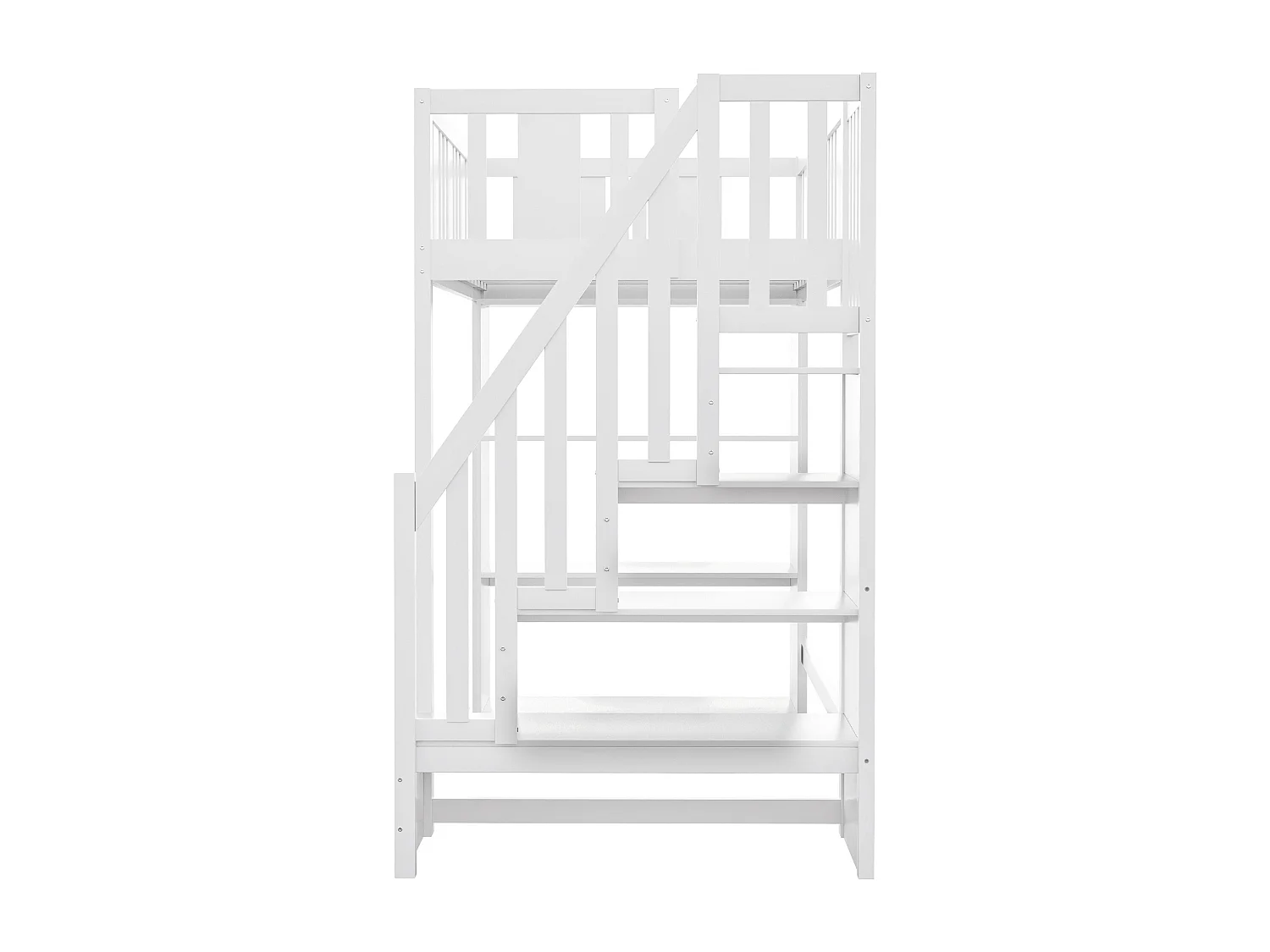 Letto a soppalco 90x200 cm con scala contenitore e ampi vani portaoggetti, struttura in legno massello, bianco (253x95x160,2 cm)