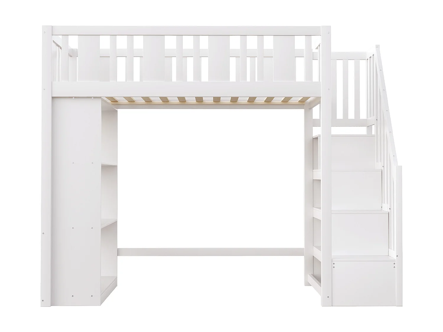 Letto a soppalco 90x200 cm con scala contenitore e ampi vani portaoggetti, struttura in legno massello, bianco (253x95x160,2 cm)