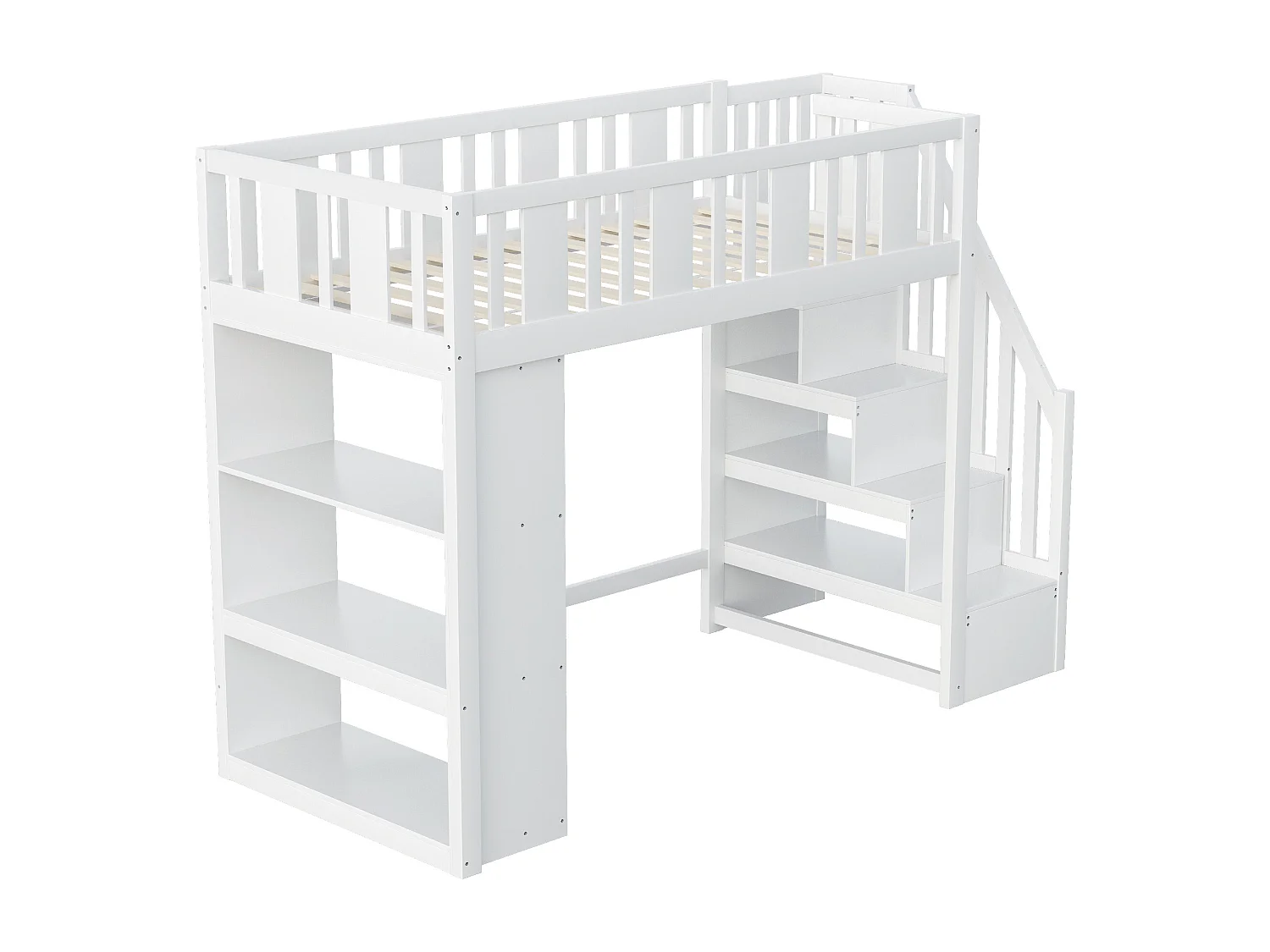 Letto a soppalco 90x200 cm con scala contenitore e ampi vani portaoggetti, struttura in legno massello, bianco (253x95x160,2 cm)