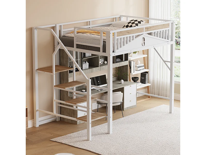 Letto a soppalco in metallo - 140 x 200 cm - con barriera + scaletta di sicurezza - legno + metallo - bianco