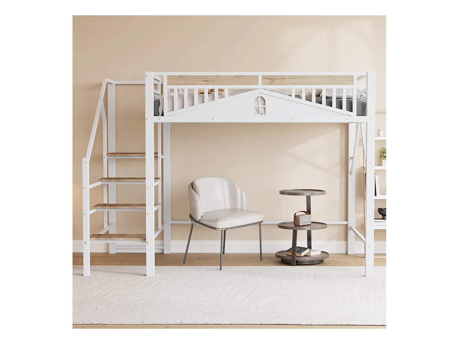 Lit mezzanine en métal - 140 x 200 cm - avec barrière + échelle de sécurité - bois + Métal - blanc