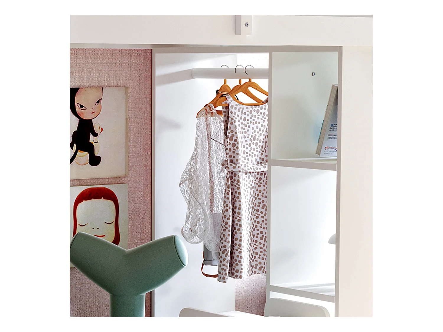 Lit mezzanine enfant - 90 x 200 cm - avec 1 chariot de rangement amovible + cintres simples - bois + MDF - blanc