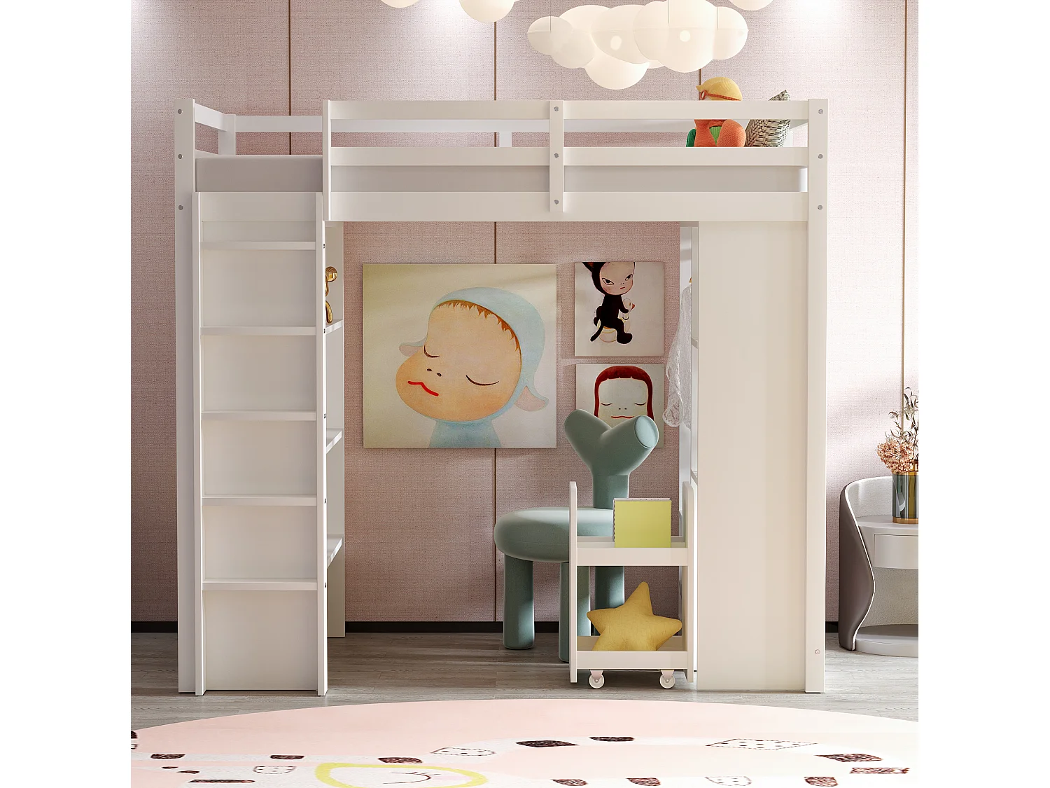 Lit mezzanine enfant - 90 x 200 cm - avec 1 chariot de rangement amovible + cintres simples - bois + MDF - blanc