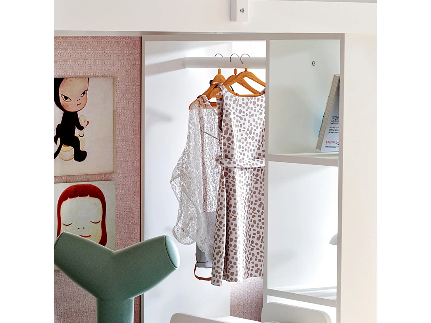 Lit mezzanine enfant - 90 x 200 cm - avec 1 chariot de rangement amovible + cintres simples - bois + MDF - blanc