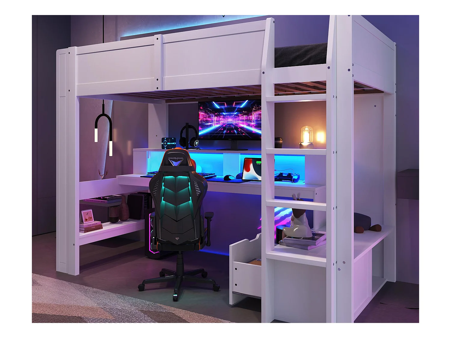 Lit mezzanine 90x200 cm - avec bureau - avec éclairage LED - avec 1 tiroir - avec étagère - blanc (sans matelas)