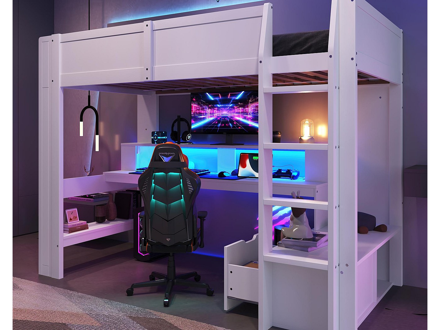 Lit Mezzanine Avec Bureau Intégré 90x200cm - Éclairage LED, Prises USB, Garde-corps, échelle, Noir