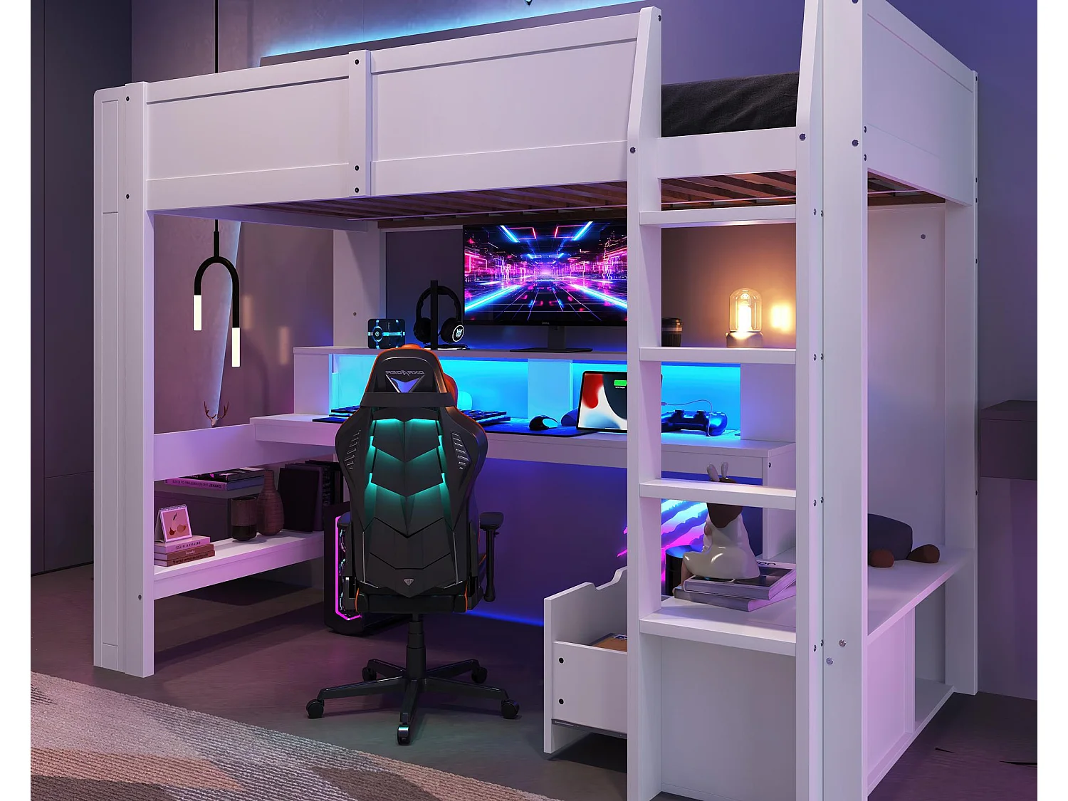 Łóżko piętrowe 90×200 cm - z biurkiem - z oświetleniem LED - z 1 szufladą - z półką - białe (bez materaca)