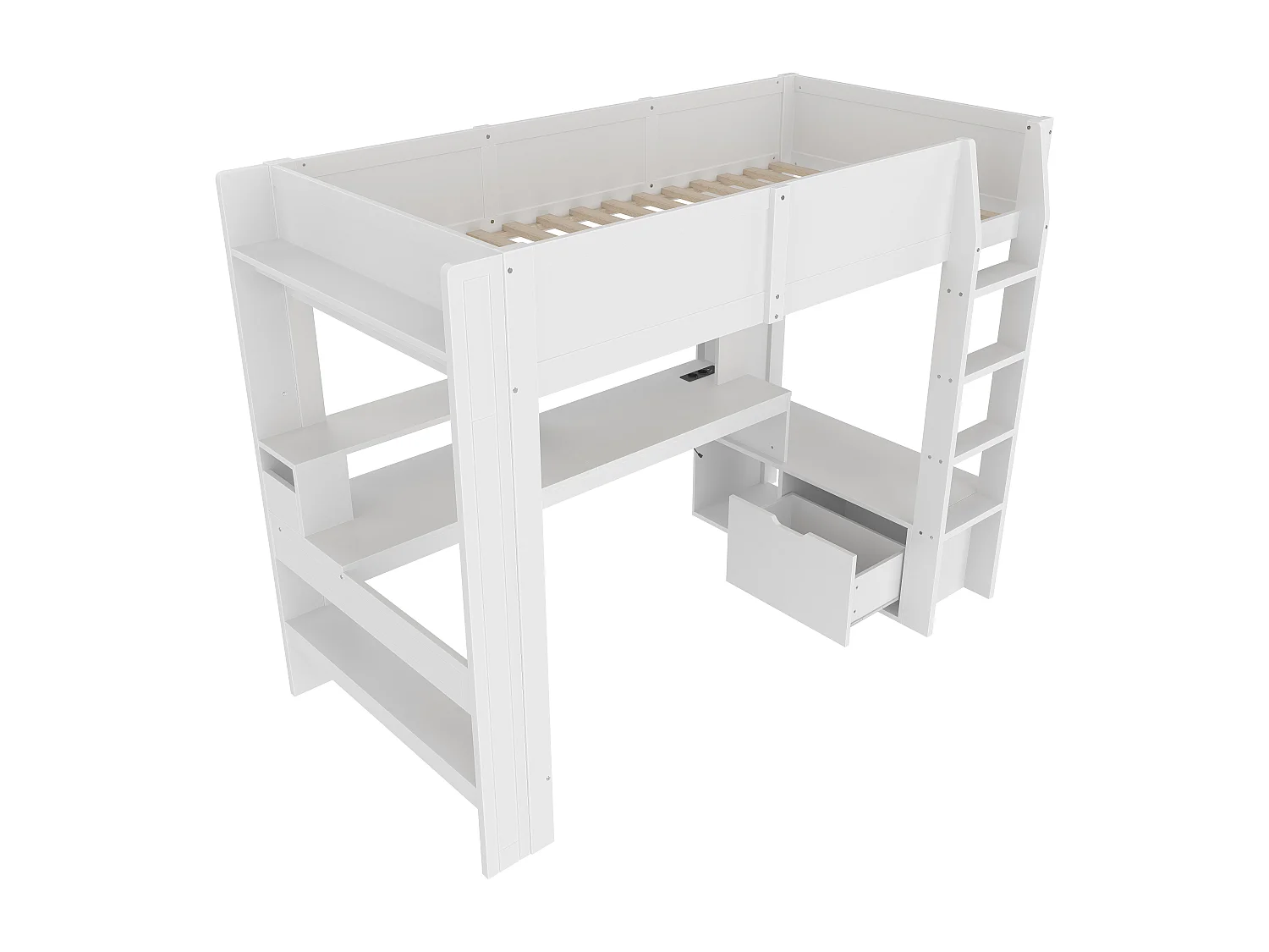 Łóżko piętrowe 90×200 cm - z biurkiem - z oświetleniem LED - z 1 szufladą - z półką - białe (bez materaca)