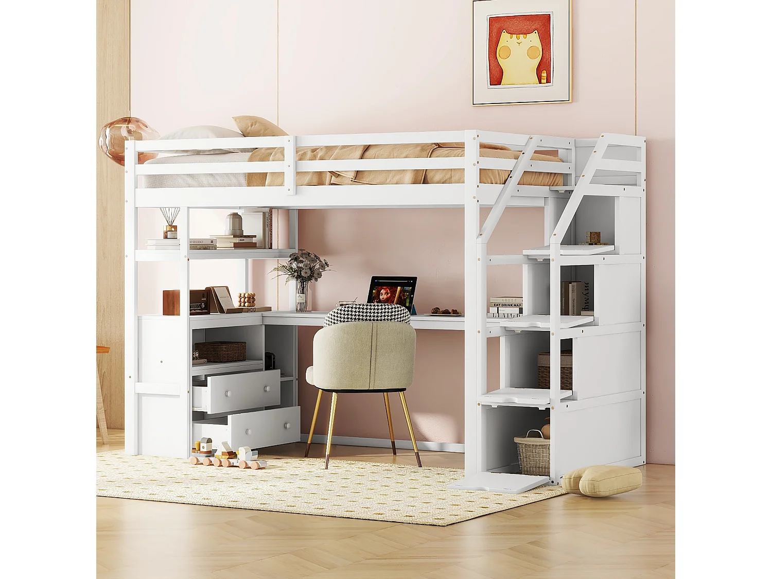 Hoogslaper 90x200 cm, bed met bureau en opbergladder, wit, grenen en MDF (242,1x96,5x165 cm)