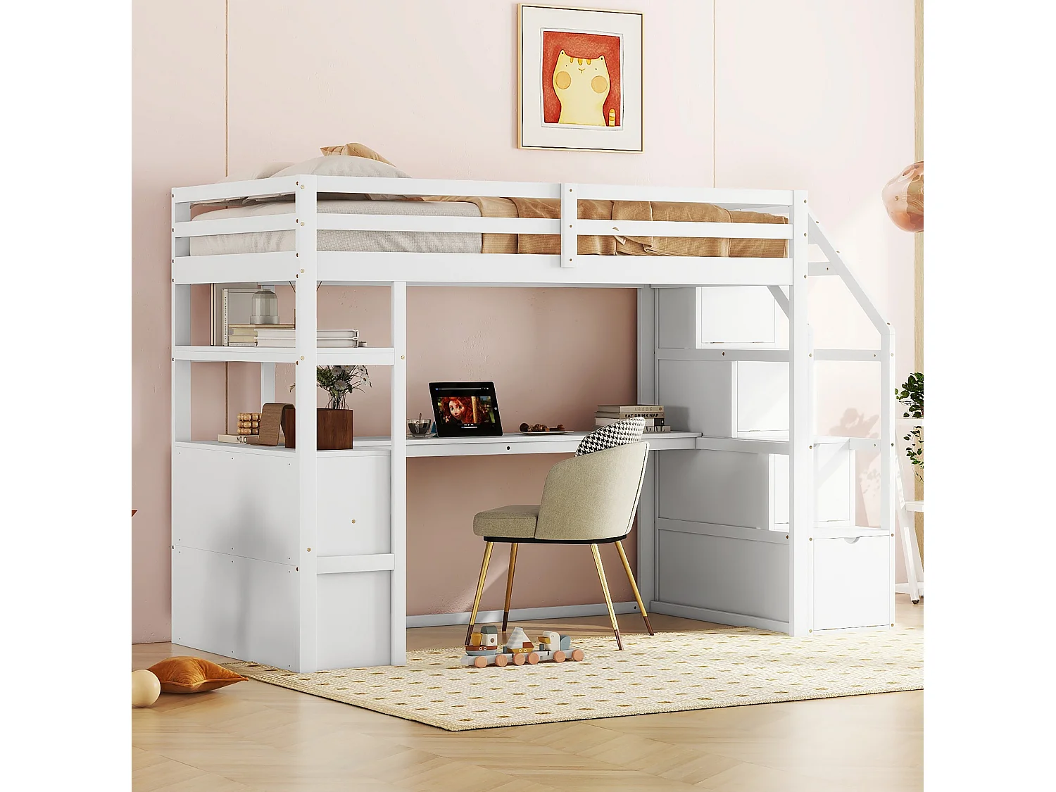 Hoogslaper 90x200 cm, bed met bureau en opbergladder, wit, grenen en MDF (242,1x96,5x165 cm)