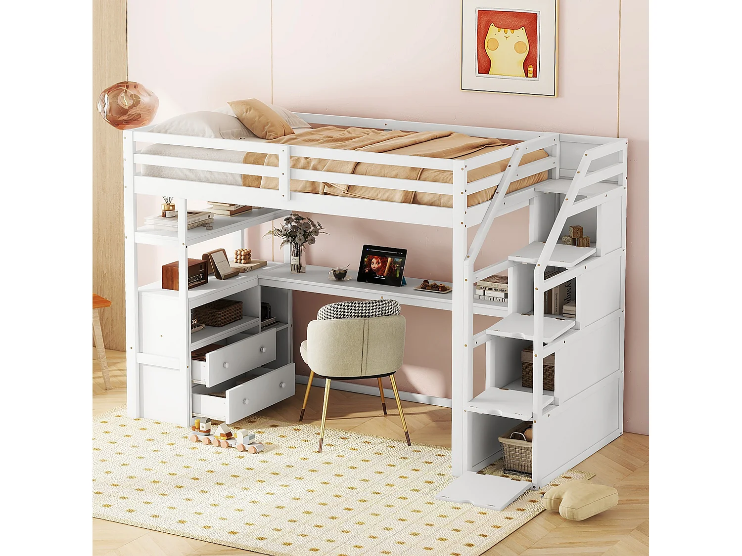 Hoogslaper 90x200 cm, bed met bureau en opbergladder, wit, grenen en MDF (242,1x96,5x165 cm)