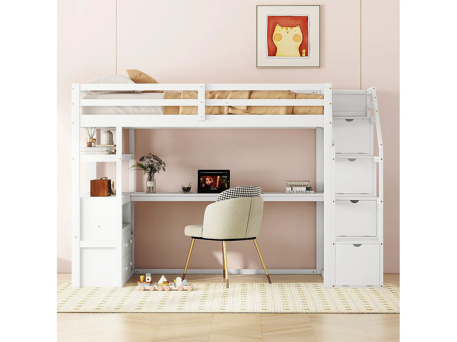 Hoogslaper 90x200 cm, bed met bureau en opbergladder, wit, grenen en MDF (242,1x96,5x165 cm)