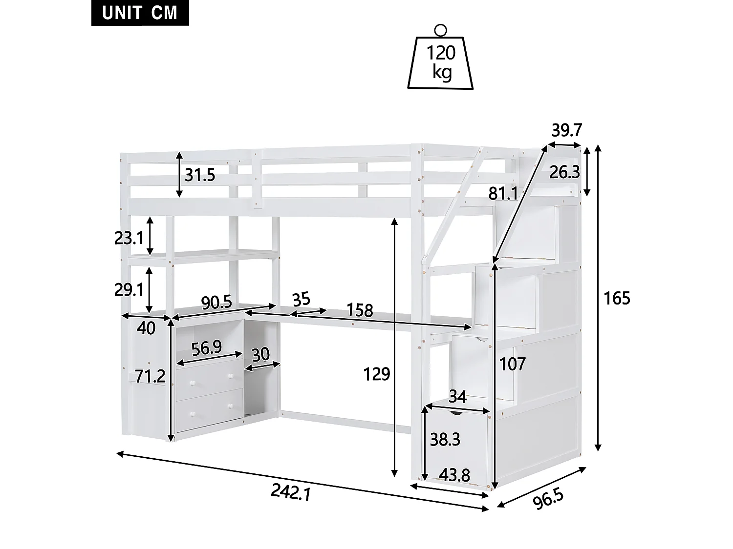 Hoogslaper 90x200 cm, bed met bureau en opbergladder, wit, grenen en MDF (242,1x96,5x165 cm)