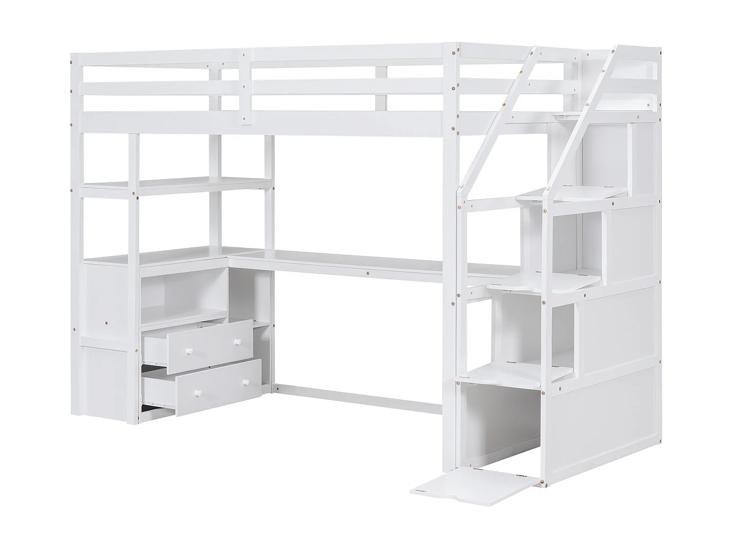 Hoogslaper 90x200 cm, bed met bureau en opbergladder, wit, grenen en MDF (242,1x96,5x165 cm)