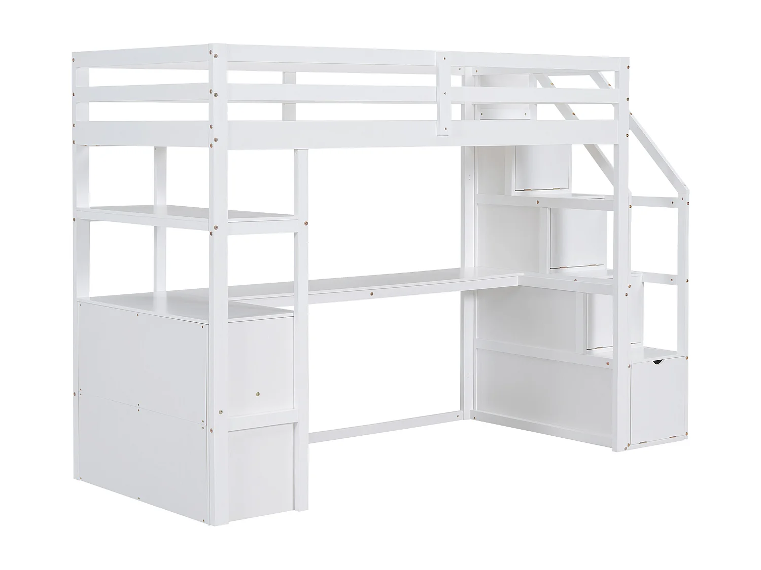 Hoogslaper 90x200 cm, bed met bureau en opbergladder, wit, grenen en MDF (242,1x96,5x165 cm)